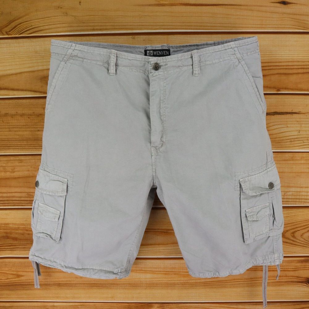 Wenven Cargo Shorts Flat‎ Front Mens Size 44 Gray 100% Cotton Pockets Belt Loops